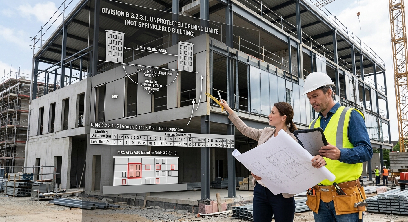 National Building Code Unprotected Opening Limits for Group E and F Occupancies
