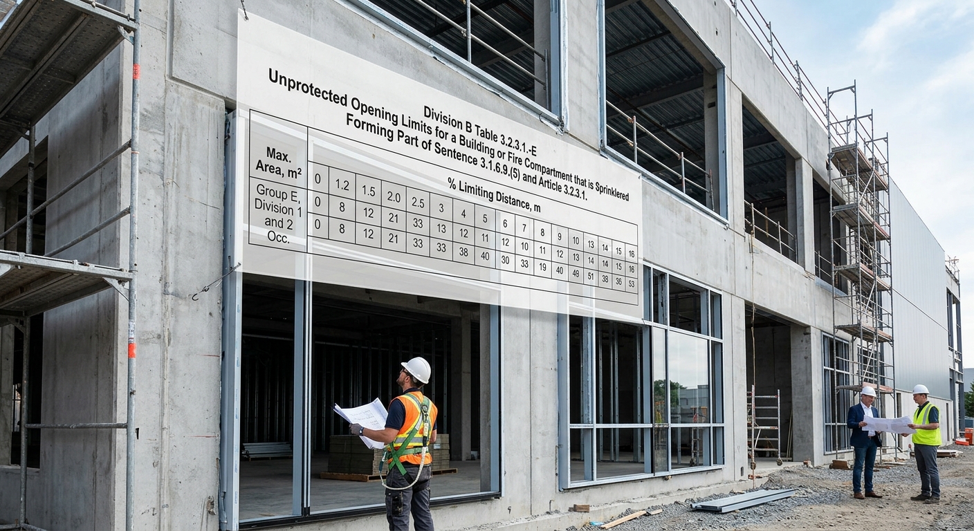 NBCC 2025 Unprotected Opening Limits for Sprinklered Buildings: Table 3.2.3.1.-E