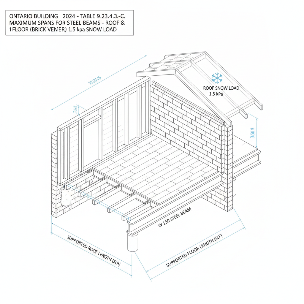 OBC Table 9.23.4.3.-C: Maximum Steel Beam Spans for Ontario Residential Construction