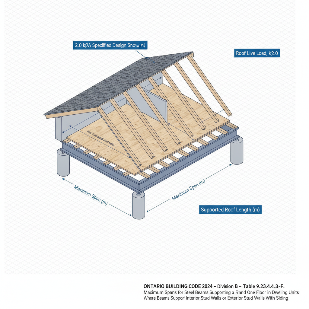 OBC Table 9.23.4.3.-F: Maximum Steel Beam Spans for Ontario Residential Construction