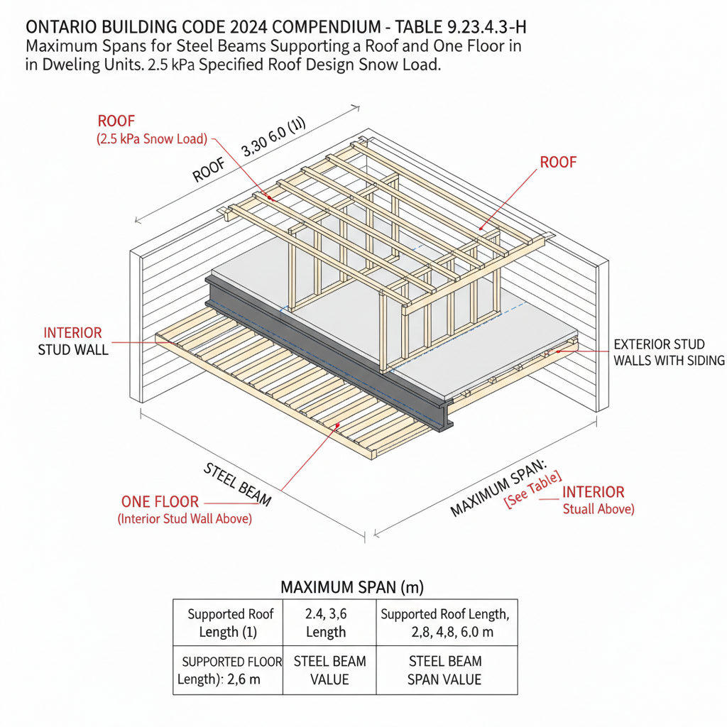 2024 Ontario Building Code: Steel Beam Spans for Roofs and Floors (Table 9.23.4.3.-H)
