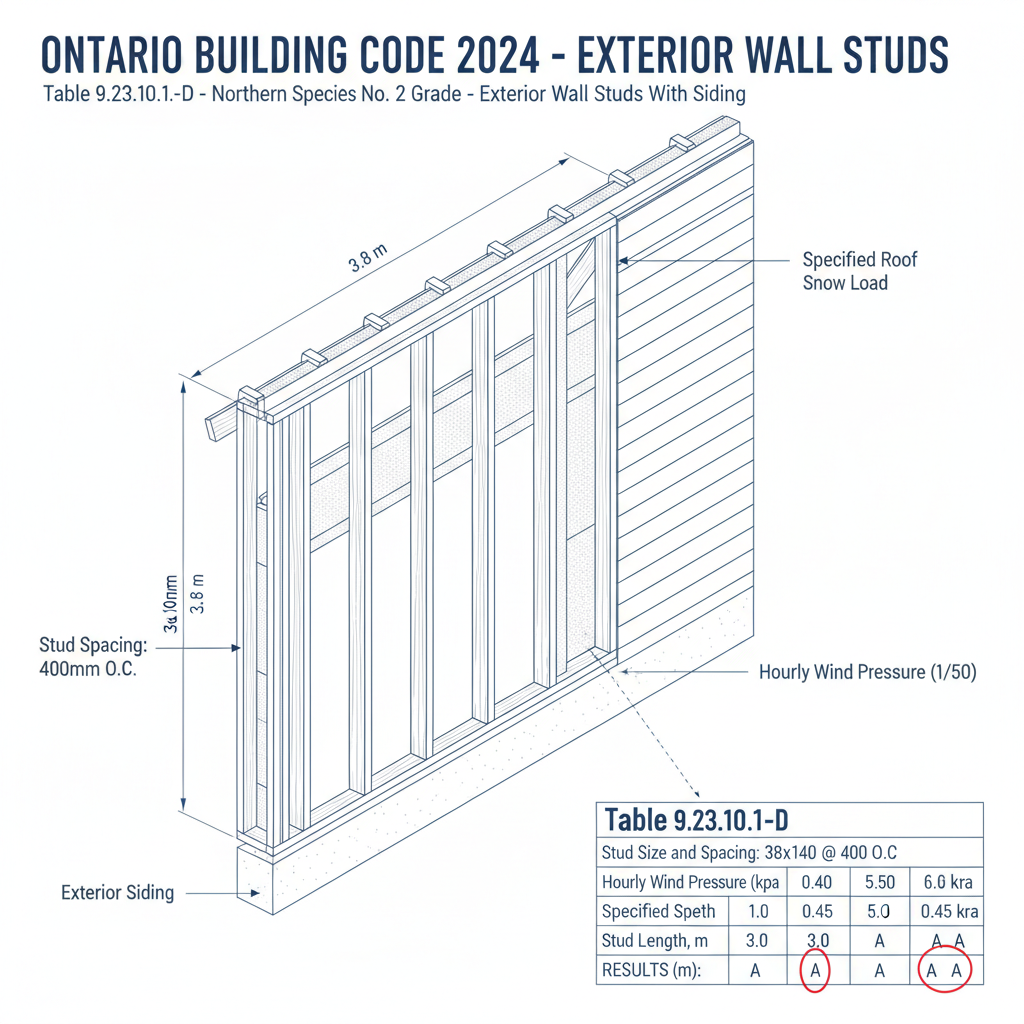 2024 Ontario Building Code: Exterior Wall Stud Sizes for Northern Species (Table 9.23.10.1.-D)