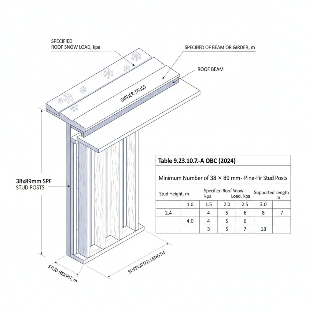 2024 Ontario Building Code: Minimum Stud Post Requirements for Girder Trusses and Roof Beams