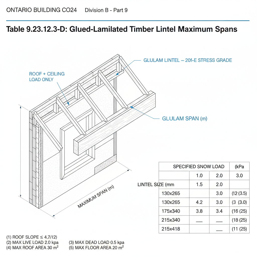2024 OBC Table 9.23.12.3.-D: Glued-Laminated Timber Lintel Spans for Ontario Builders