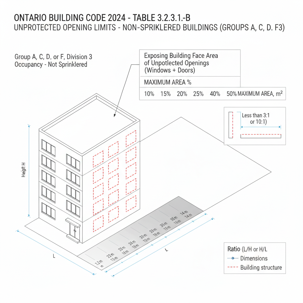 Understanding OBC Table 3.2.3.1.-B: Unprotected Opening Limits for Non-Sprinklered Buildings