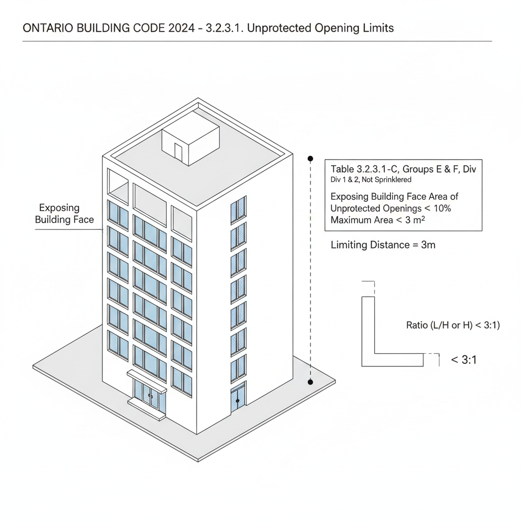 Ontario Building Code Table 3.2.3.1.-C: Unprotected Opening Limits for Non-Sprinklered Buildings