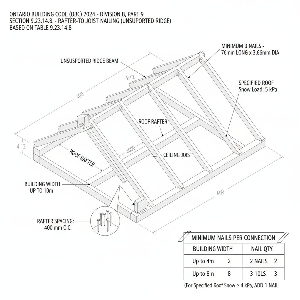 2024 Ontario Building Code: Rafter-to-Joist Nailing Standards for Unsupported Ridges